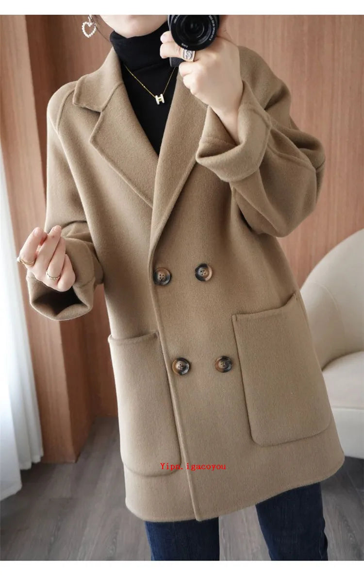 Autumn 100% Pure Wool Double-Sided Cashmere Coat Women Fashion Mid-Length Double-Breasted Wool Jacket Female Loose Overcoat B549