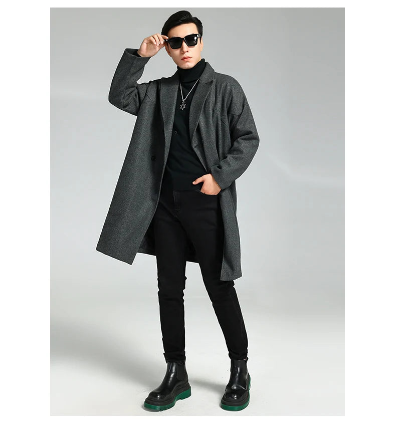 Nerazzurri Autumn Winter Grey Warm Fluffy Woolen Coat for Men Double Breasted Loose Casual Korean Fashion Wool & blends Coat