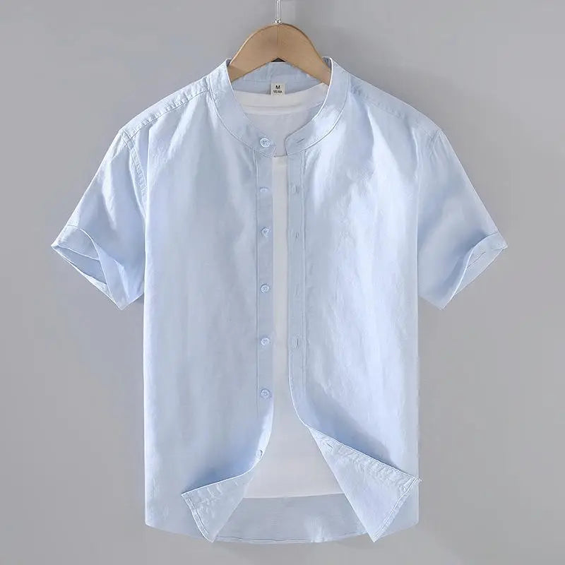 Cotton Linen Hot Sale Men's Short-Sleeved Shirts Summer Streetwear Plain Color Stand Collar Casual Beach Style Plus Size M-3XL