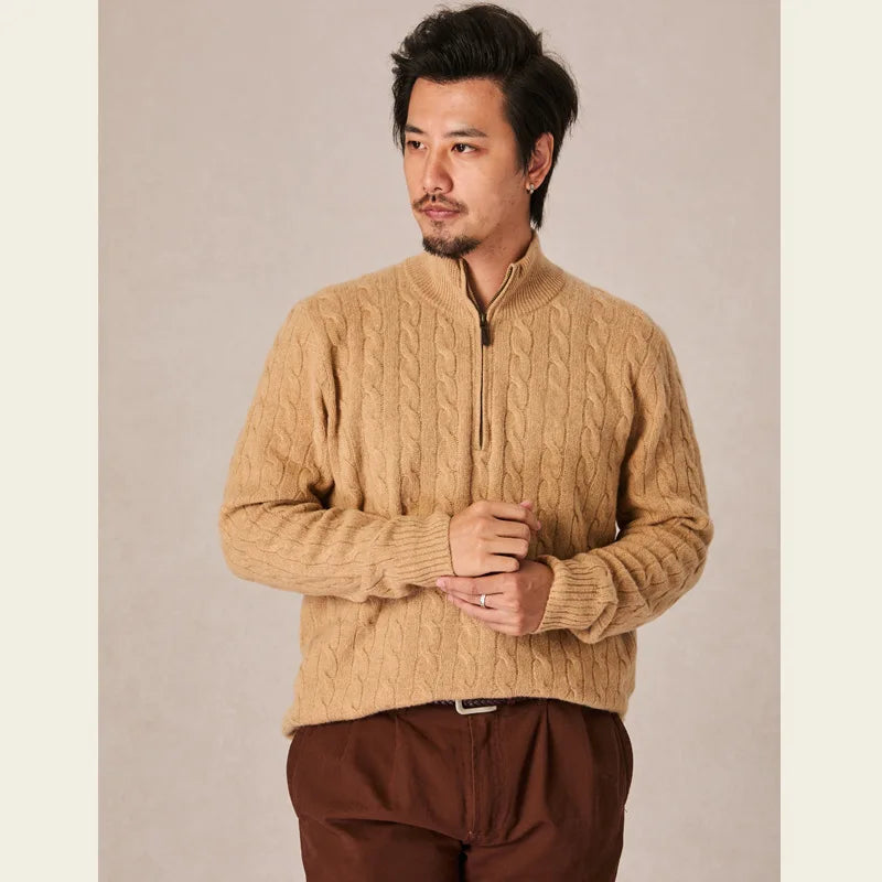 Autumn and winter retro half turtleneck zipper cashmere sweater men's loose pullover cable knit sweater coat trend