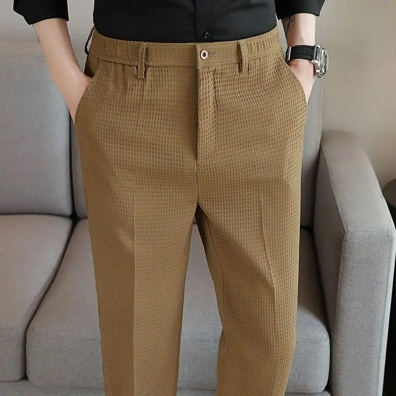 Trousers For Men Social Tailoring Slim Fit Khaki Business Waffle Tressed Work Wear Man Suits Pants Luxury Luxury Spring Clothes