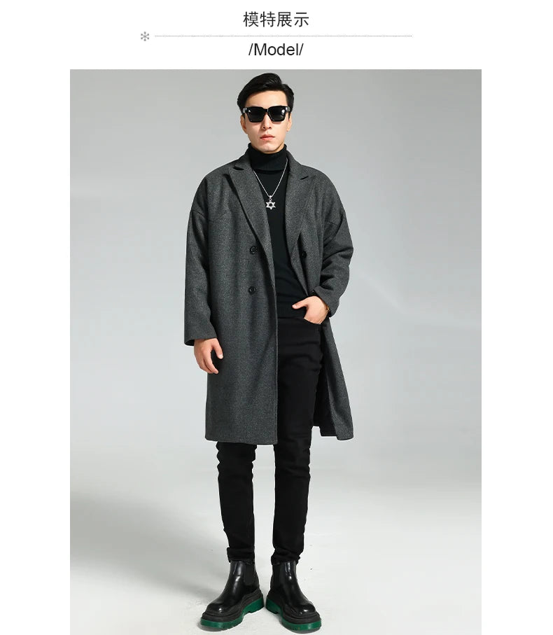 Nerazzurri Autumn Winter Grey Warm Fluffy Woolen Coat for Men Double Breasted Loose Casual Korean Fashion Wool & blends Coat