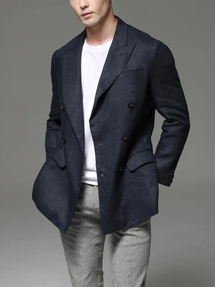Fashion Summer Men Linen Blazer Suit Coat  Blazer Solid Color Jacket Double Breasted Slim Fit Breathable Business Work Casual