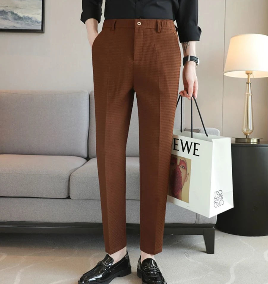 Trousers For Men Social Tailoring Slim Fit Khaki Business Waffle Tressed Work Wear Man Suits Pants Luxury Luxury Spring Clothes
