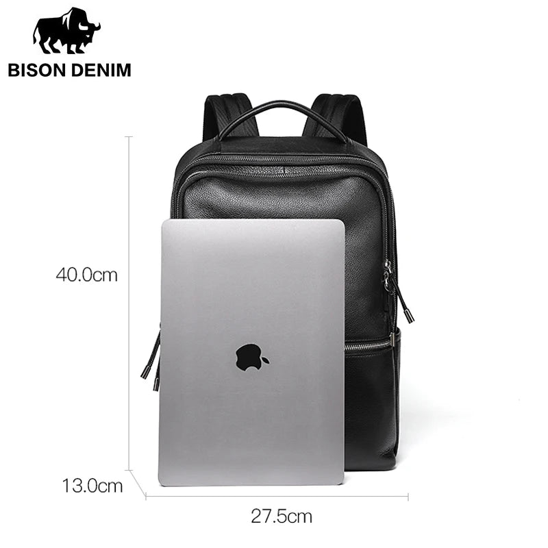 BISON DENIM New Genuine Leather Men Backpack Laptop School Backpack Bag 2025 Fashion Waterproof Travel Bag Casual Book Bag