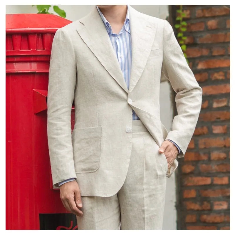 Summer Men's Linen Suit Retro Naples Style Slim-Fit Blazer Casual Middle-Aged Business Top