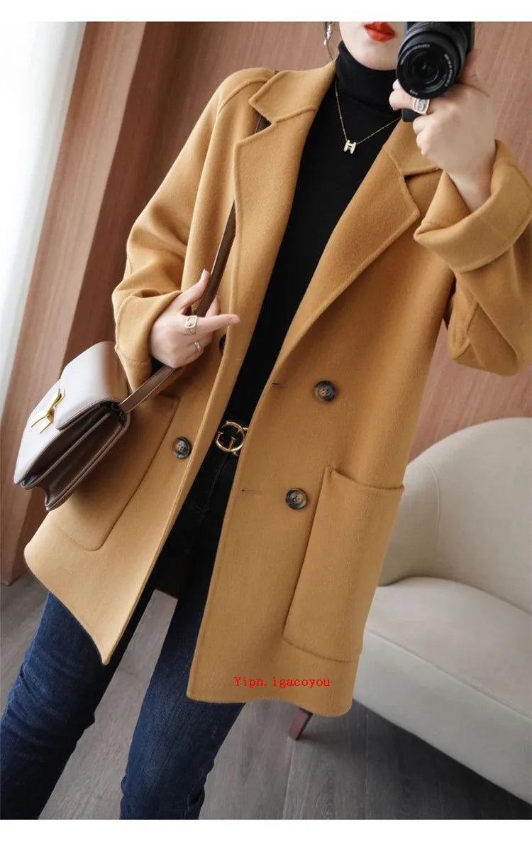 Autumn 100% Pure Wool Double-Sided Cashmere Coat Women Fashion Mid-Length Double-Breasted Wool Jacket Female Loose Overcoat B549
