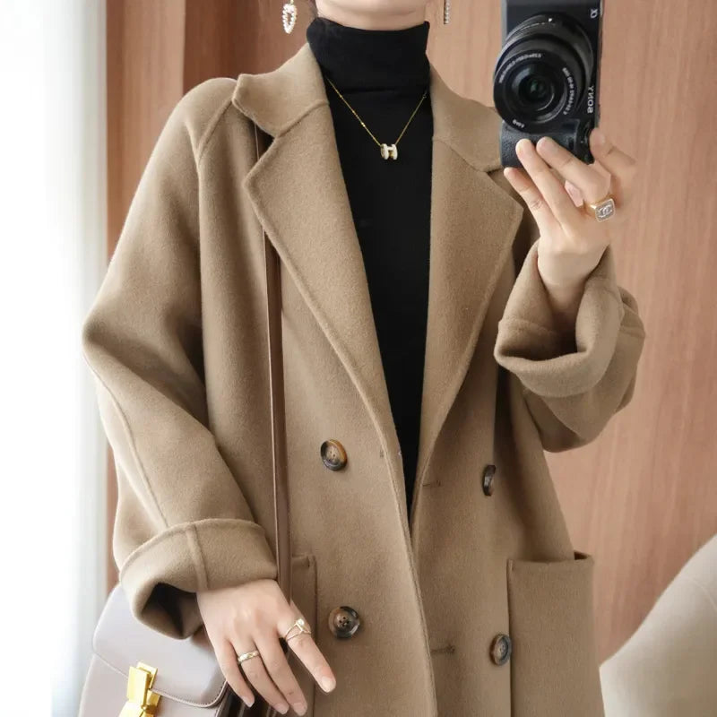 Autumn 100% Pure Wool Double-Sided Cashmere Coat Women Fashion Mid-Length Double-Breasted Wool Jacket Female Loose Overcoat B549