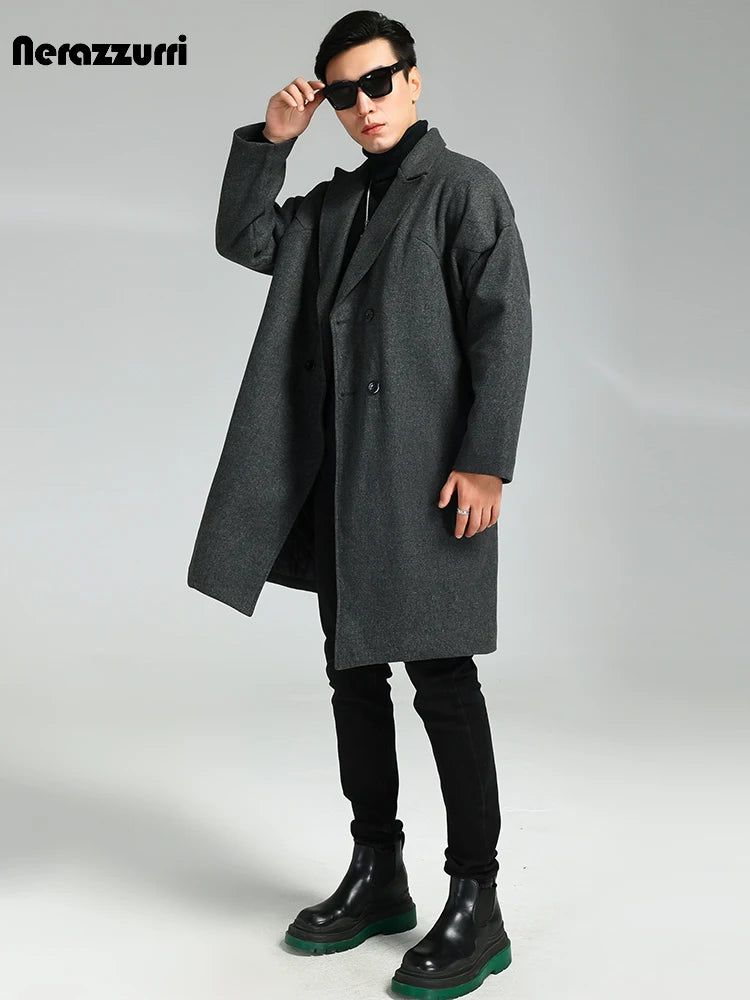 Nerazzurri Autumn Winter Grey Warm Fluffy Woolen Coat for Men Double Breasted Loose Casual Korean Fashion Wool & blends Coat