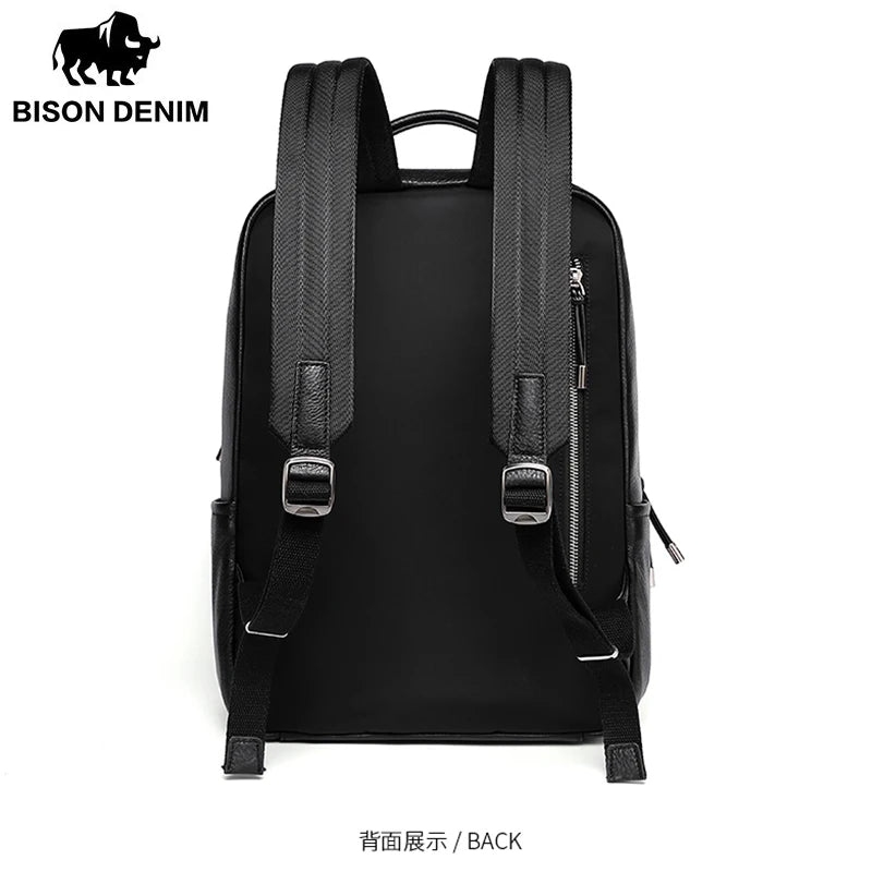 BISON DENIM New Genuine Leather Men Backpack Laptop School Backpack Bag 2025 Fashion Waterproof Travel Bag Casual Book Bag