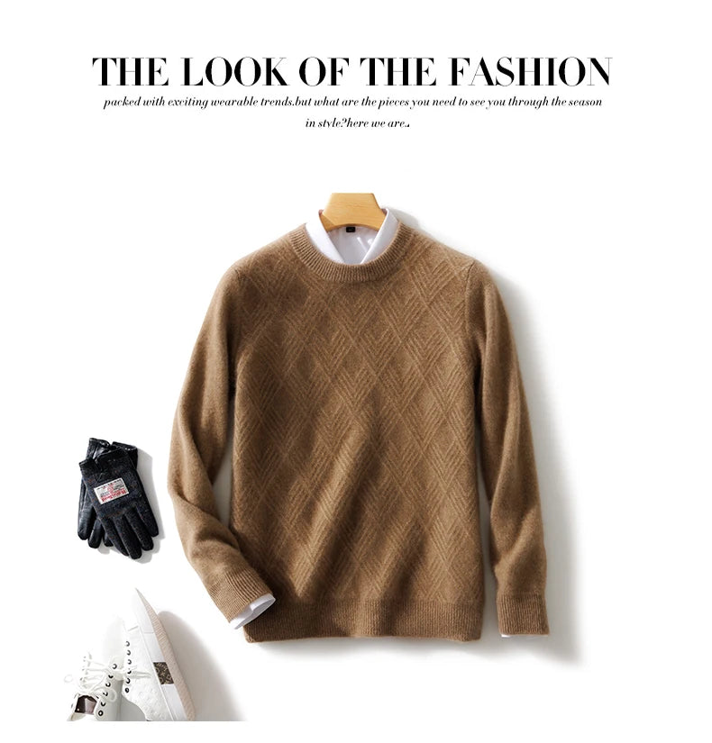 Autumn and winter round neck 100% wool sweater men's sweater with knitted warm base sweater, high-end top