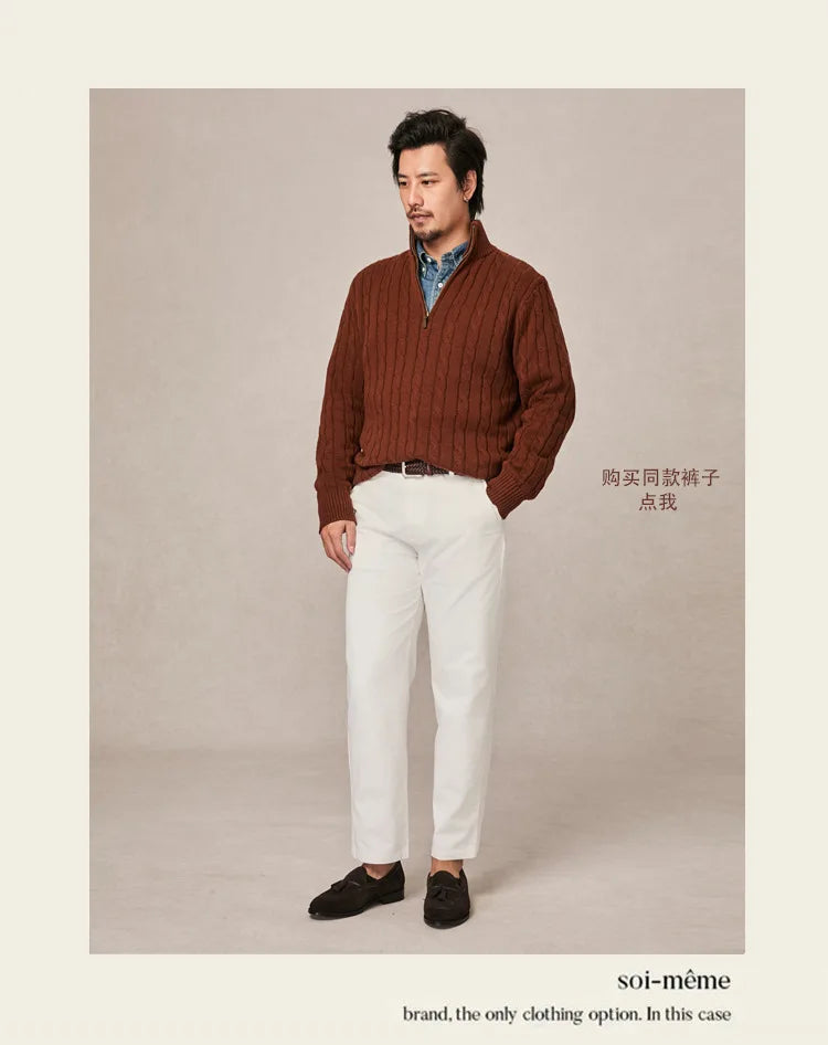 Autumn and winter retro half turtleneck zipper cashmere sweater men's loose pullover cable knit sweater coat trend