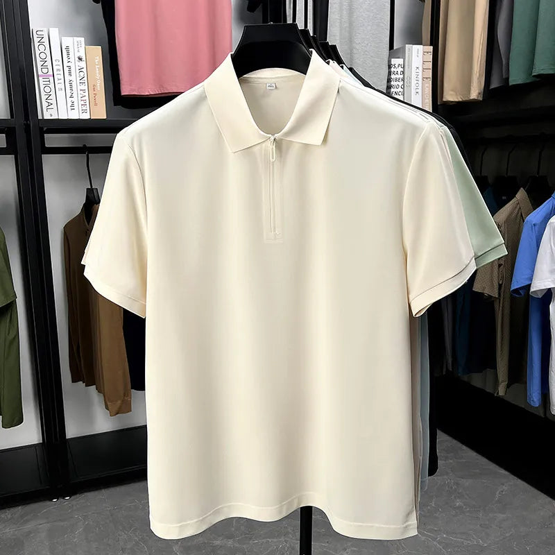 Men's Half-Zip Polo Shirt Light Beige Breathable Casual Slim Fit Stretch Cotton Classic Collar Business Casual Tops