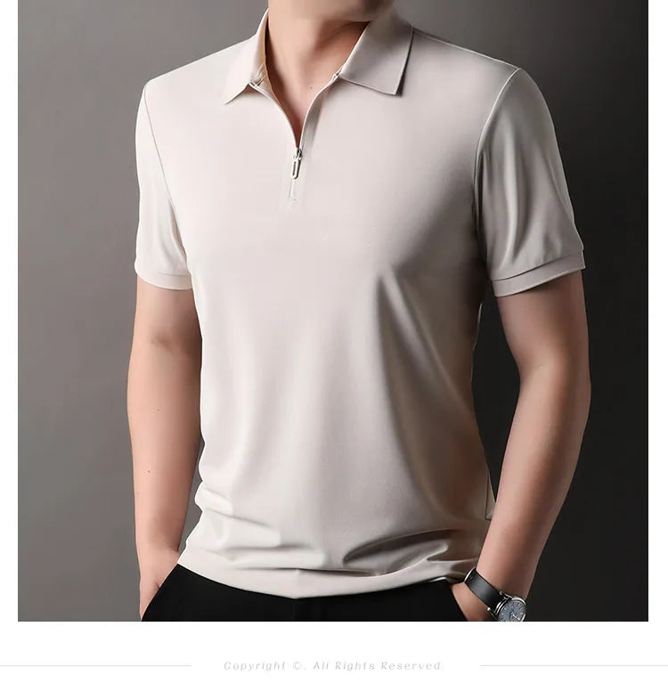 Men's Half-Zip Polo Shirt Light Beige Breathable Casual Slim Fit Stretch Cotton Classic Collar Business Casual Tops