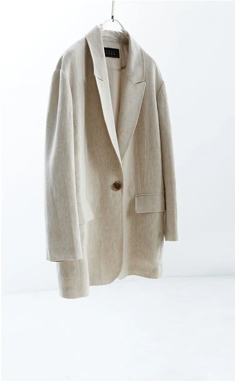 Natural Raindrop Linen Oversize Suit Jacket Women's Boyfriend Style Casual Blazer Loose Shape Top（No Shoulder Pads）