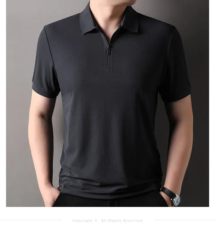 Men's Half-Zip Polo Shirt Light Beige Breathable Casual Slim Fit Stretch Cotton Classic Collar Business Casual Tops