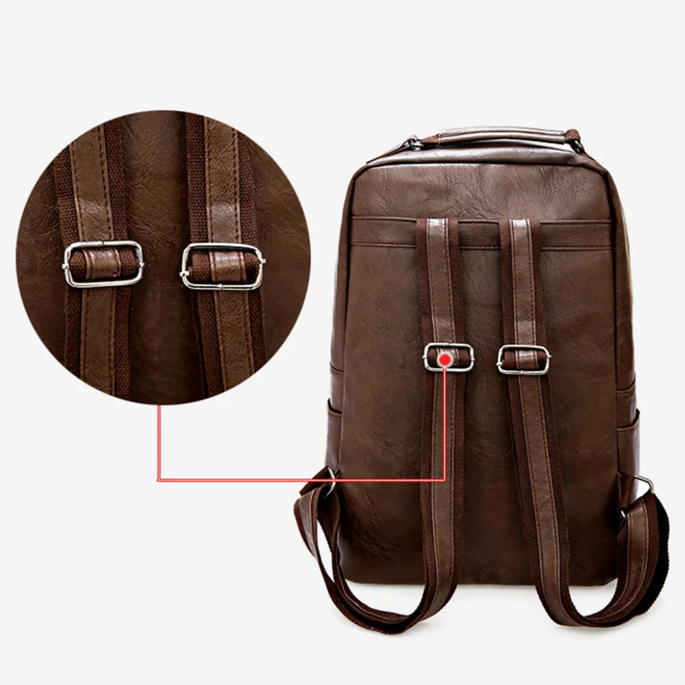 Large Capacity Laptop Backpack Men Casual Fashion Bags For Men Retro Zipper PU Leather Backpacks Male Travel Waterproof Bag Man