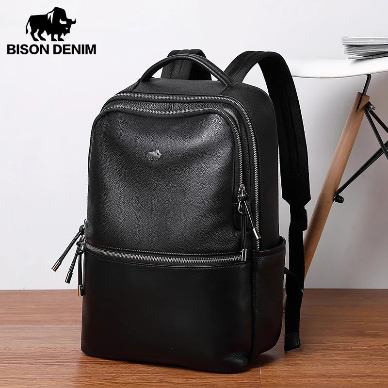 BISON DENIM New Genuine Leather Men Backpack Laptop School Backpack Bag 2025 Fashion Waterproof Travel Bag Casual Book Bag