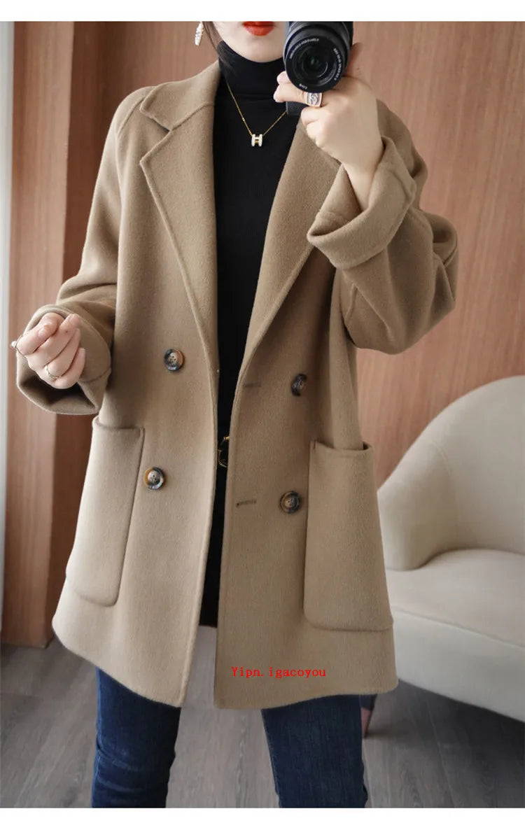 Autumn 100% Pure Wool Double-Sided Cashmere Coat Women Fashion Mid-Length Double-Breasted Wool Jacket Female Loose Overcoat B549