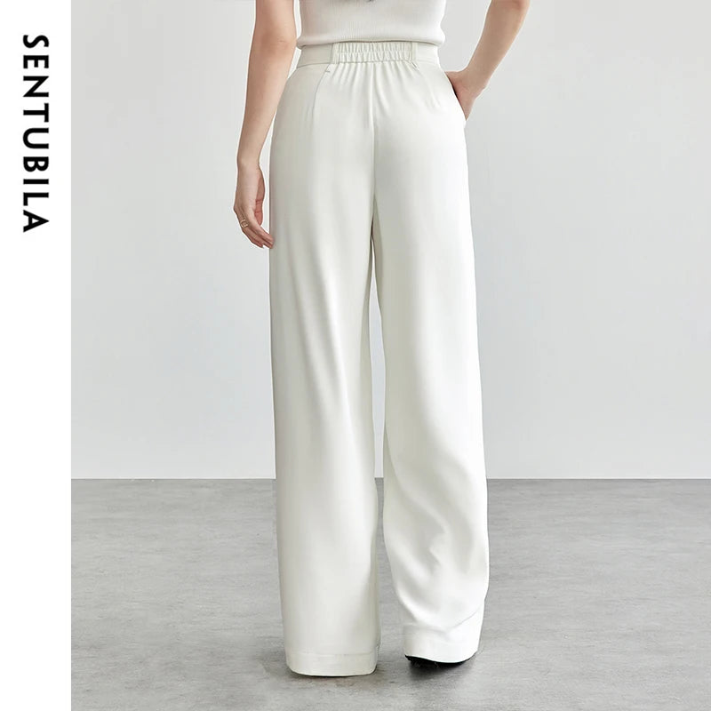 SENTUBILA Women's Tailored Trousers Formal Solid High-waist Folds Twill Workwear Pockets Full-length Pants 2025 Spring 151K57704