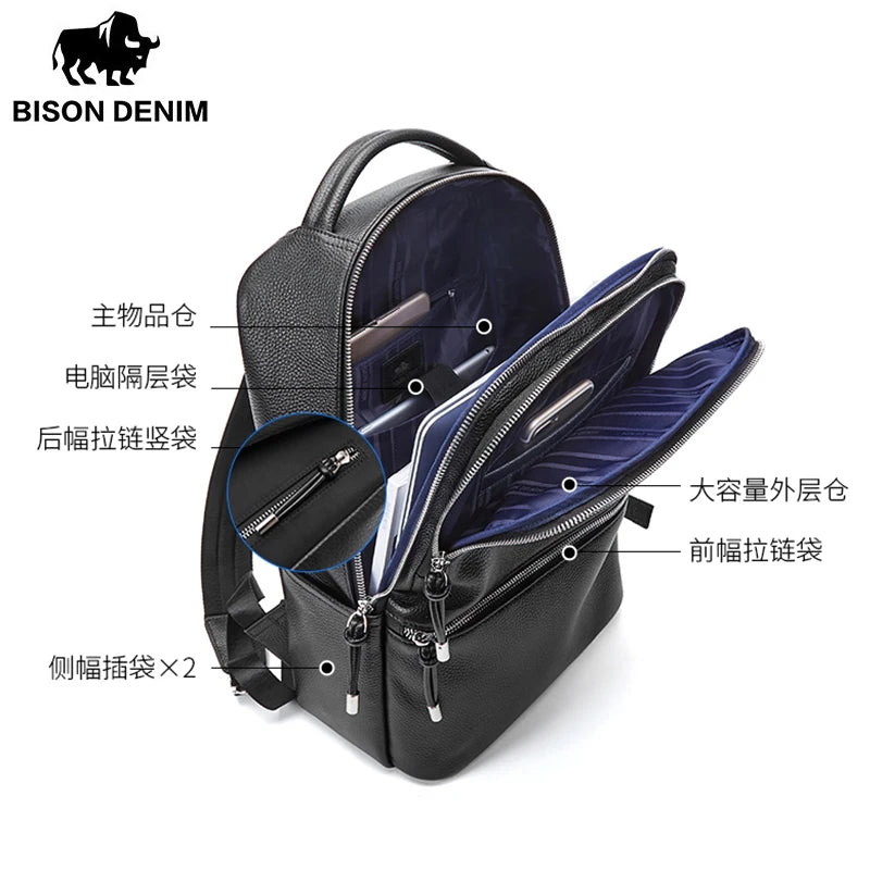 BISON DENIM New Genuine Leather Men Backpack Laptop School Backpack Bag 2025 Fashion Waterproof Travel Bag Casual Book Bag