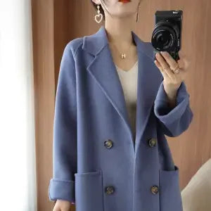 Autumn 100% Pure Wool Double-Sided Cashmere Coat Women Fashion Mid-Length Double-Breasted Wool Jacket Female Loose Overcoat B549