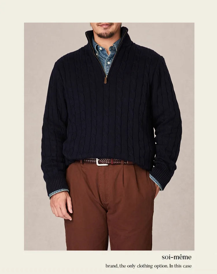 Autumn and winter retro half turtleneck zipper cashmere sweater men's loose pullover cable knit sweater coat trend