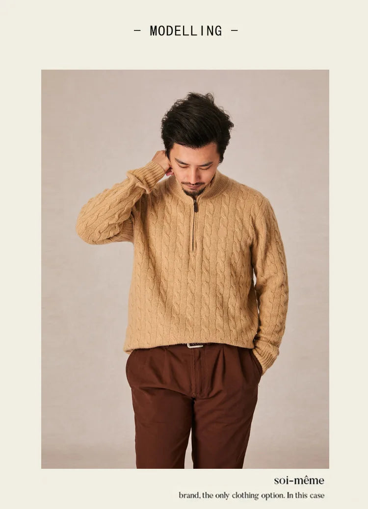 Autumn and winter retro half turtleneck zipper cashmere sweater men's loose pullover cable knit sweater coat trend