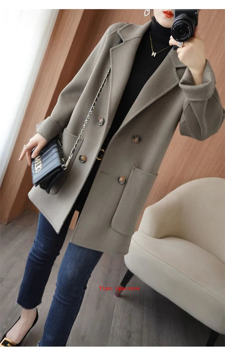 Autumn 100% Pure Wool Double-Sided Cashmere Coat Women Fashion Mid-Length Double-Breasted Wool Jacket Female Loose Overcoat B549