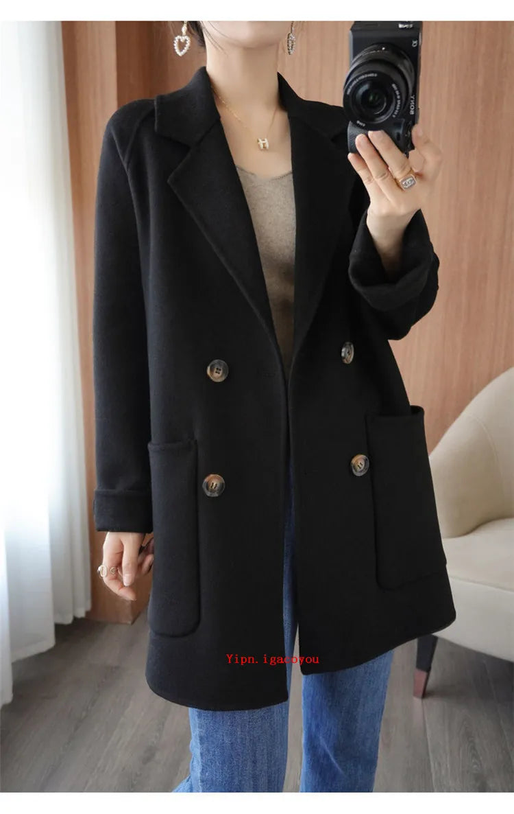 Autumn 100% Pure Wool Double-Sided Cashmere Coat Women Fashion Mid-Length Double-Breasted Wool Jacket Female Loose Overcoat B549