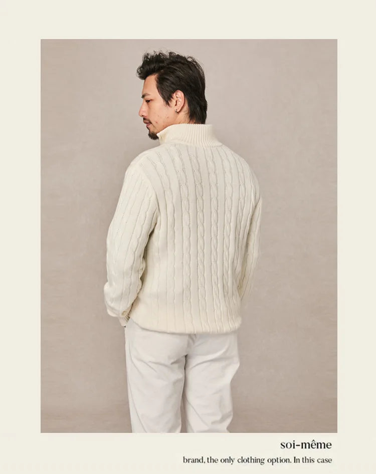 Autumn and winter retro half turtleneck zipper cashmere sweater men's loose pullover cable knit sweater coat trend