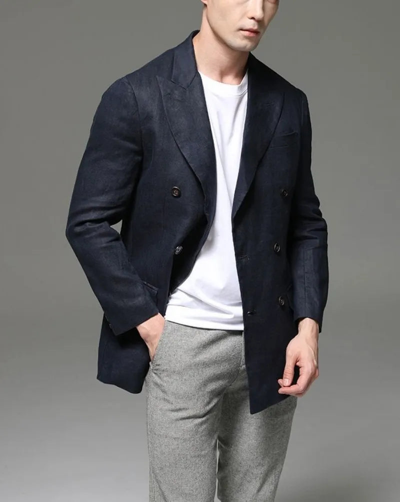 Fashion Summer Men Linen Blazer Suit Coat  Blazer Solid Color Jacket Double Breasted Slim Fit Breathable Business Work Casual