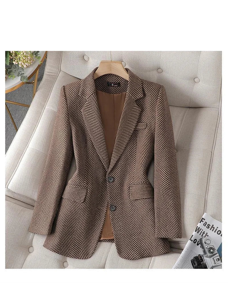 Women Coffee Stripe Formal Blazer New Long Sleeve Suit Coat Notched Collar Business Jacket Ladies Office Blazers Outerwear 4XL