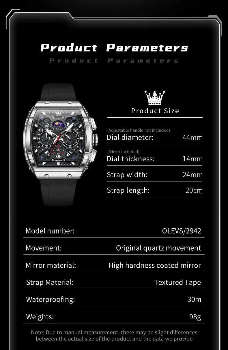 OLEVS 2942 Luxury Chronograph Quartz Watch For Men 44mm Big Dial Moon Phase Hand Clock Date Waterproof Original Fashion Watches