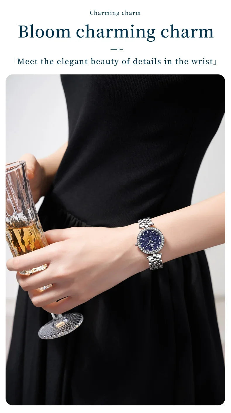 OLEVS 3641 Elegant Waterproof Ladies Quartz Watch Luminous Stainless Steel Starry Dial with Gift Box - Women's Fashion Accessory