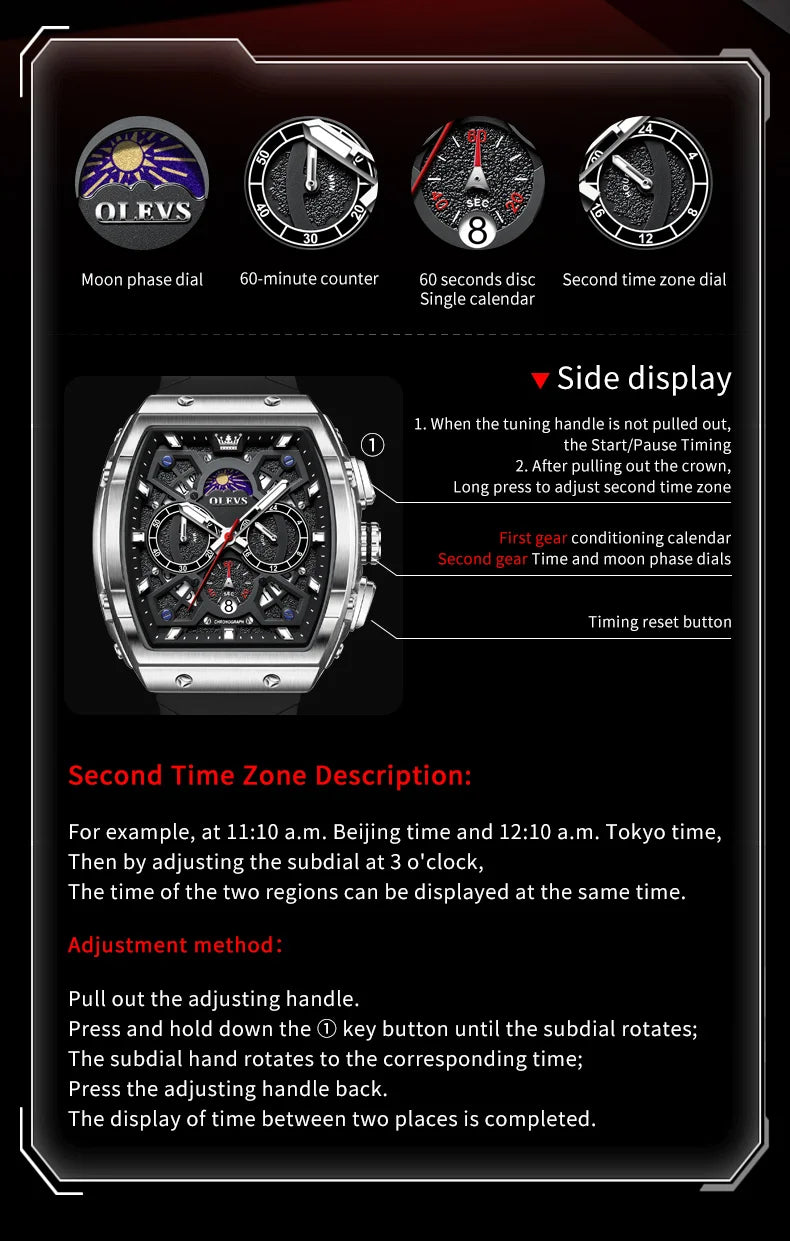 OLEVS 2942 Luxury Chronograph Quartz Watch For Men 44mm Big Dial Moon Phase Hand Clock Date Waterproof Original Fashion Watches