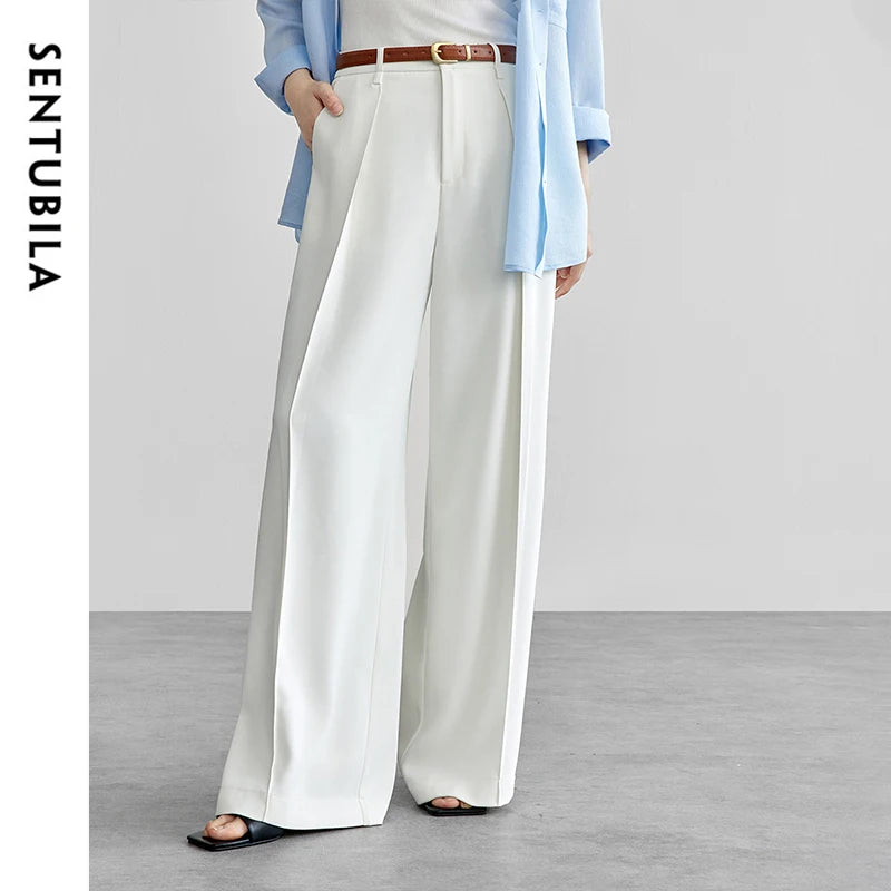 SENTUBILA Women's Tailored Trousers Formal Solid High-waist Folds Twill Workwear Pockets Full-length Pants 2025 Spring 151K57704