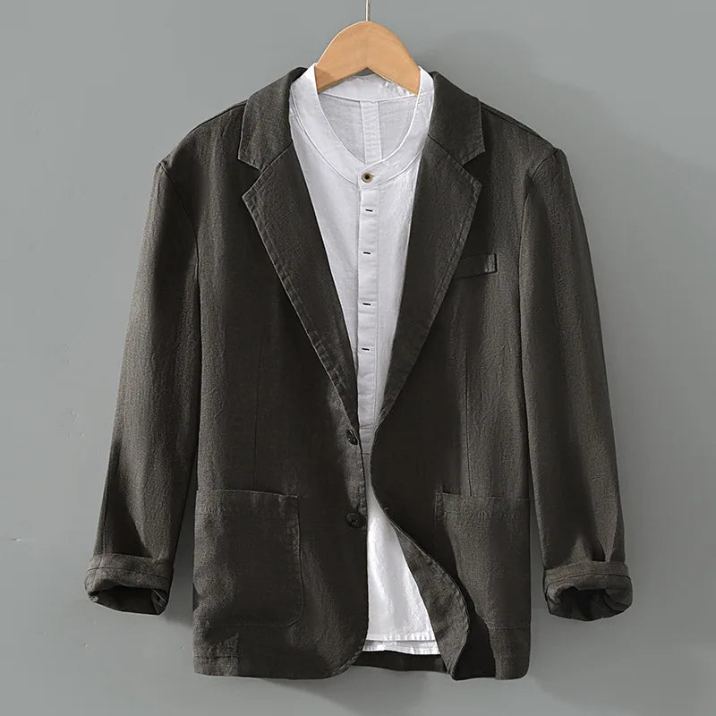 100% Linen Washed Vintage Notch Lapel Linen Blazer - Lightweight Business Casual Suit Jacket (Relaxed Fit for Men) Plus Size 4XL