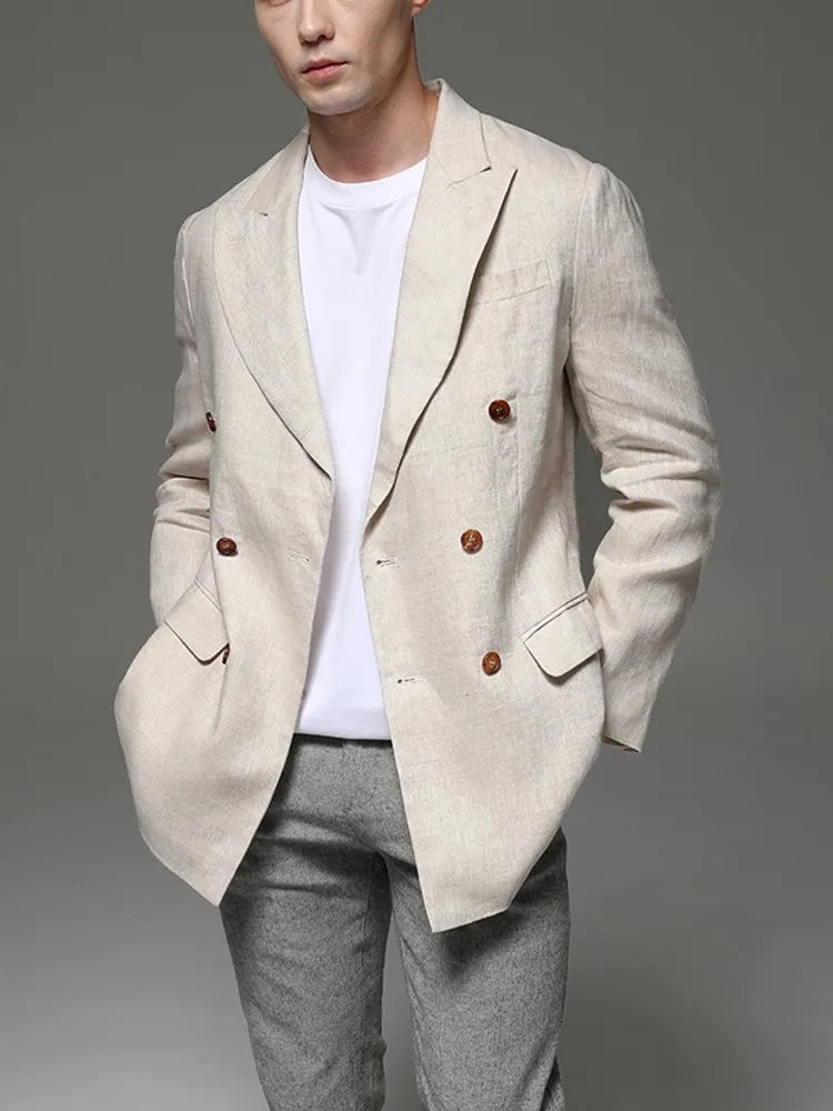 Fashion Summer Men Linen Blazer Suit Coat  Blazer Solid Color Jacket Double Breasted Slim Fit Breathable Business Work Casual