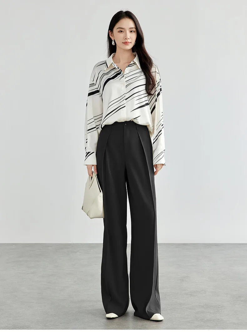 SENTUBILA Women's Tailored Trousers Formal Solid High-waist Folds Twill Workwear Pockets Full-length Pants 2025 Spring 151K57704