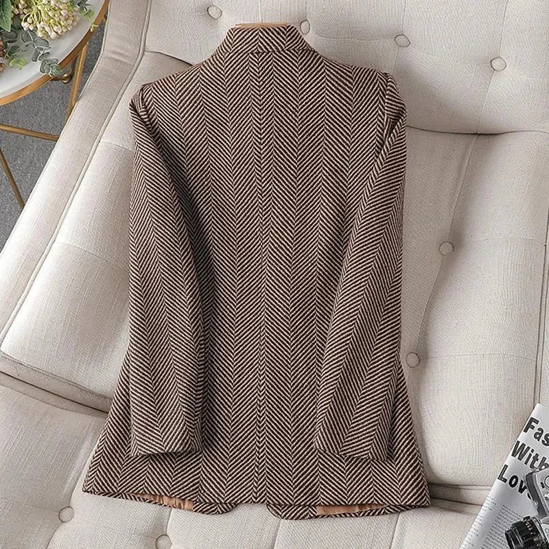 Women Coffee Stripe Formal Blazer New Long Sleeve Suit Coat Notched Collar Business Jacket Ladies Office Blazers Outerwear 4XL