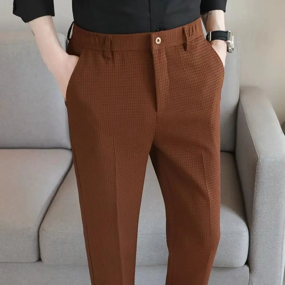 Trousers For Men Social Tailoring Slim Fit Khaki Business Waffle Tressed Work Wear Man Suits Pants Luxury Luxury Spring Clothes