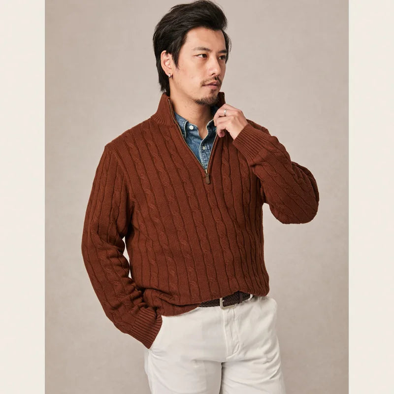 Autumn and winter retro half turtleneck zipper cashmere sweater men's loose pullover cable knit sweater coat trend