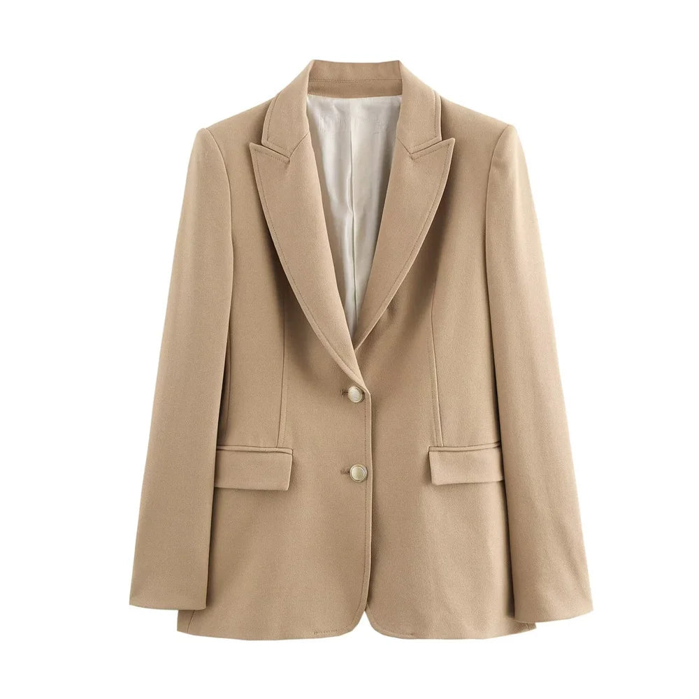 PB&ZA Women's Navy Blue Single Breasted Blazer Gold Buttons Classic Lapel and Pockets Ideal for Professional and Stylish Looks