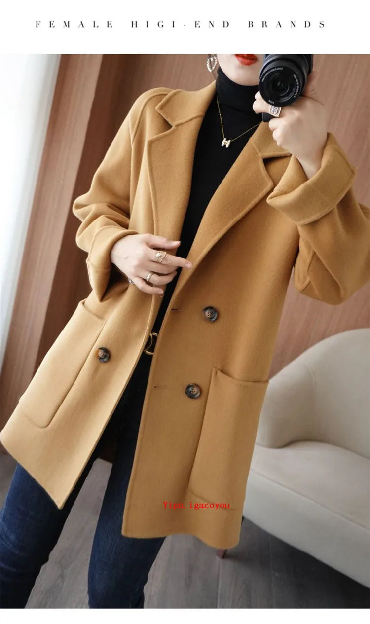 Autumn 100% Pure Wool Double-Sided Cashmere Coat Women Fashion Mid-Length Double-Breasted Wool Jacket Female Loose Overcoat B549