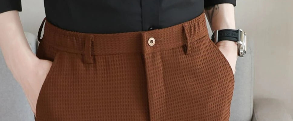 Trousers For Men Social Tailoring Slim Fit Khaki Business Waffle Tressed Work Wear Man Suits Pants Luxury Luxury Spring Clothes