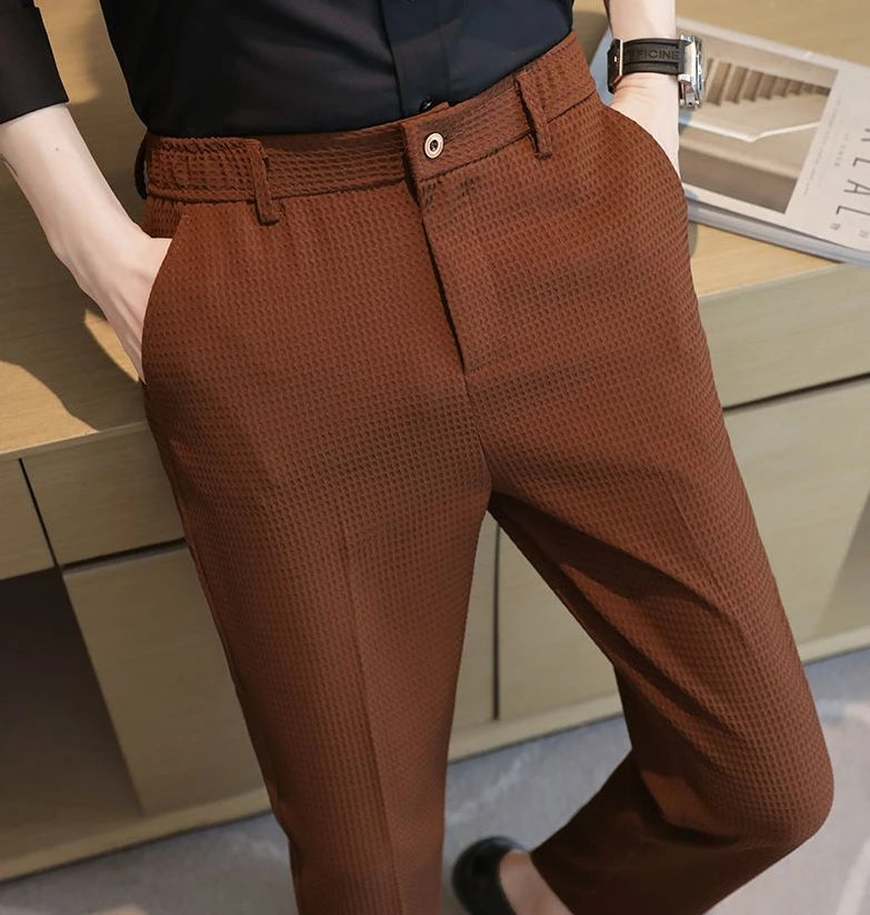 Trousers For Men Social Tailoring Slim Fit Khaki Business Waffle Tressed Work Wear Man Suits Pants Luxury Luxury Spring Clothes