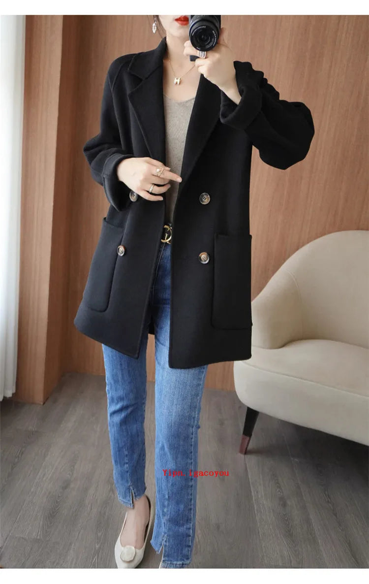 Autumn 100% Pure Wool Double-Sided Cashmere Coat Women Fashion Mid-Length Double-Breasted Wool Jacket Female Loose Overcoat B549