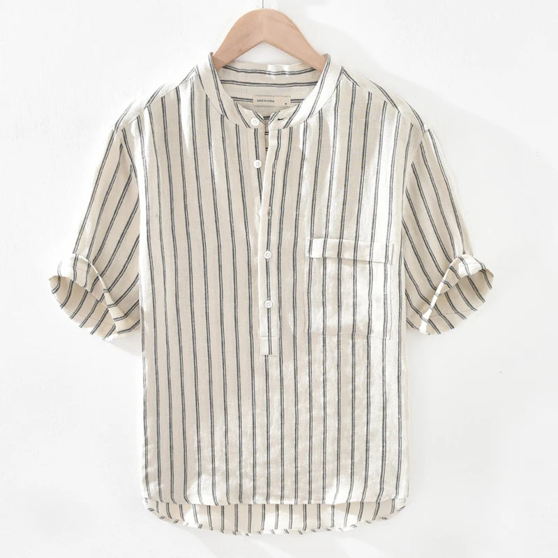 Loose Fit Linen irt Men's ort Sve Thin Striped irt Summer Lightweight f Sve Top Youth Trend Couples Wear