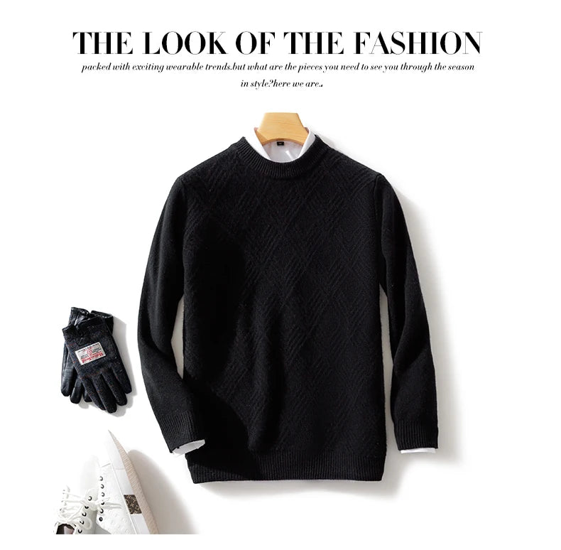 Autumn and winter round neck 100% wool sweater men's sweater with knitted warm base sweater, high-end top